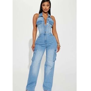Fashion Nova Light Blue Denim Overalls